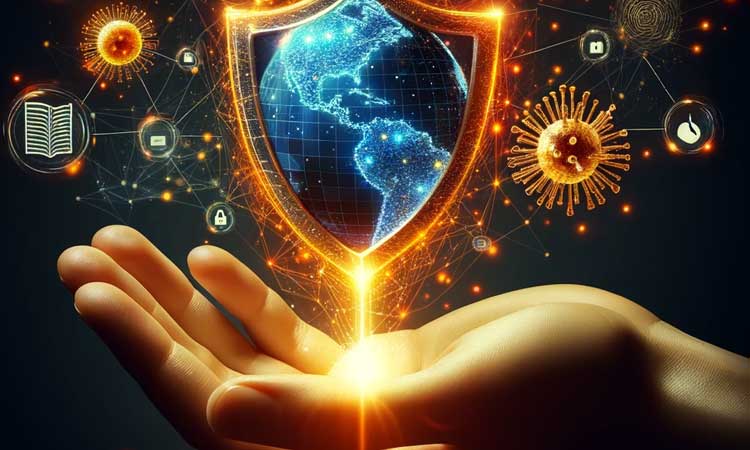 main tenant un bouclier lumineux, repoussant une vague d'icônes de virus informatiques qui tentent de l'attaquer