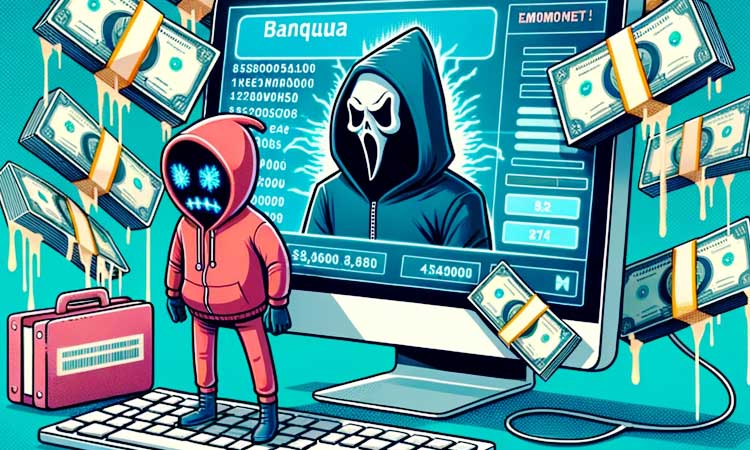 illustration d'un ordinateur infecté par le logiciel malveillant emotet, avec des billets de banque s'échappant de l'écran pour représenter les profits des cybercriminels.