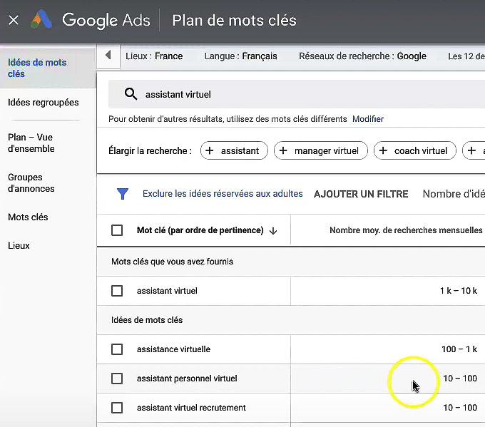 outil de Planification de mots-clés de Google