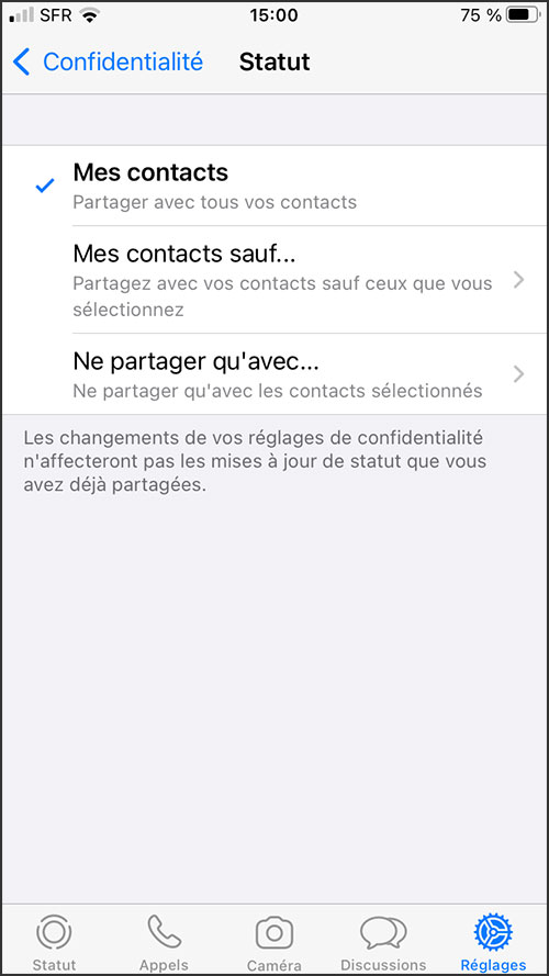 reglages statut whatsapp