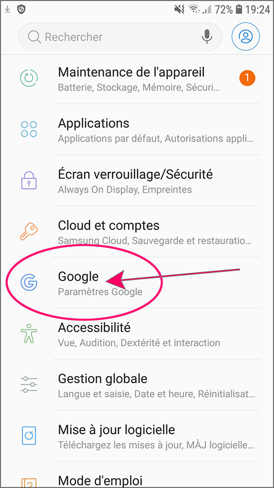 Android, Samsung S7, paramètres, Google