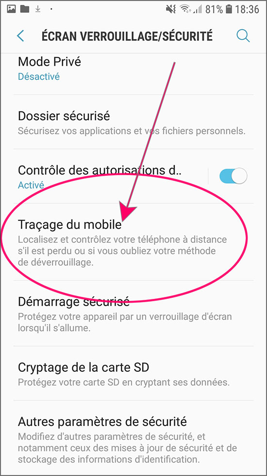 Android Samsung S7 Traçage du mobile