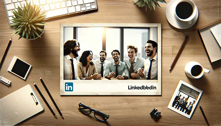 Bannière LinkedIn avec l'esthétique d'une photo d'appareil photo jetable. La scène capture un moment spontané au bureau, peut-être un groupe de collègues en plein fou rire ou une fête d'équipe non planifiée, cadrée d'une manière qui semble candide et non polie, avec certains sujets partiellement hors du cadre ou regardant ailleurs, invoquant un sentiment d'authenticité et de camaraderie sur le lieu de travail.