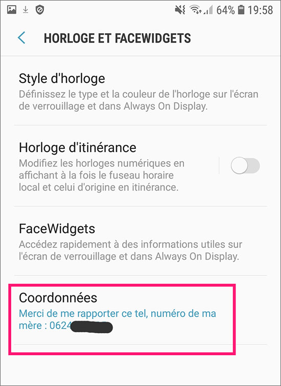 Écran "coordonnées" sur Android Samsung S7