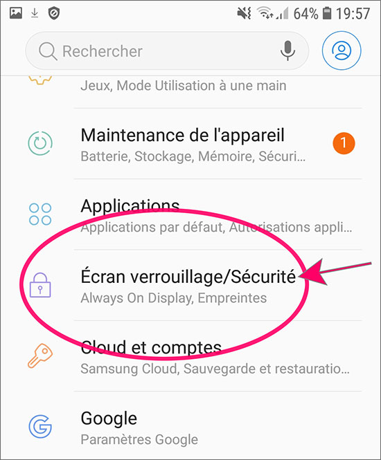 parametres ecran de verrouillage securite