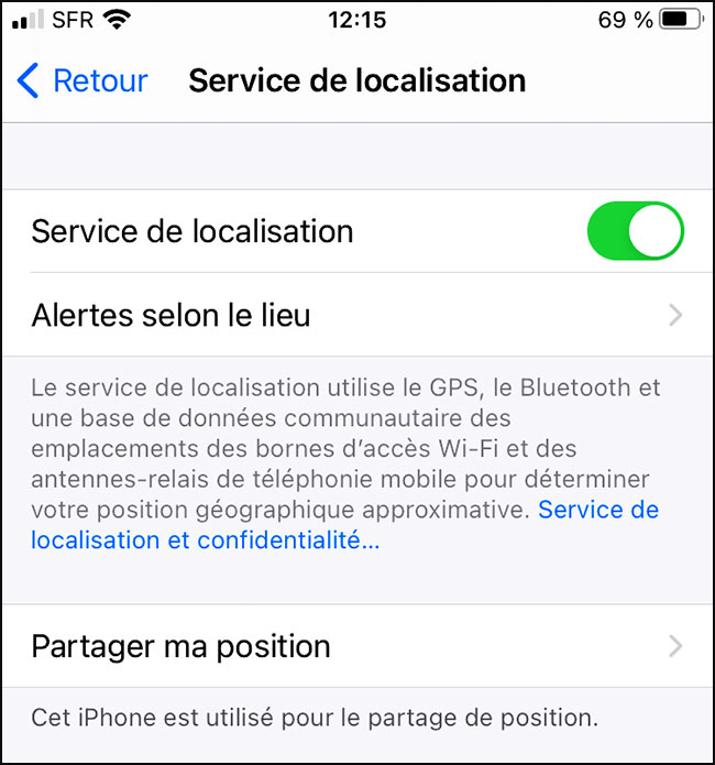 "service de localisation" sur iphone