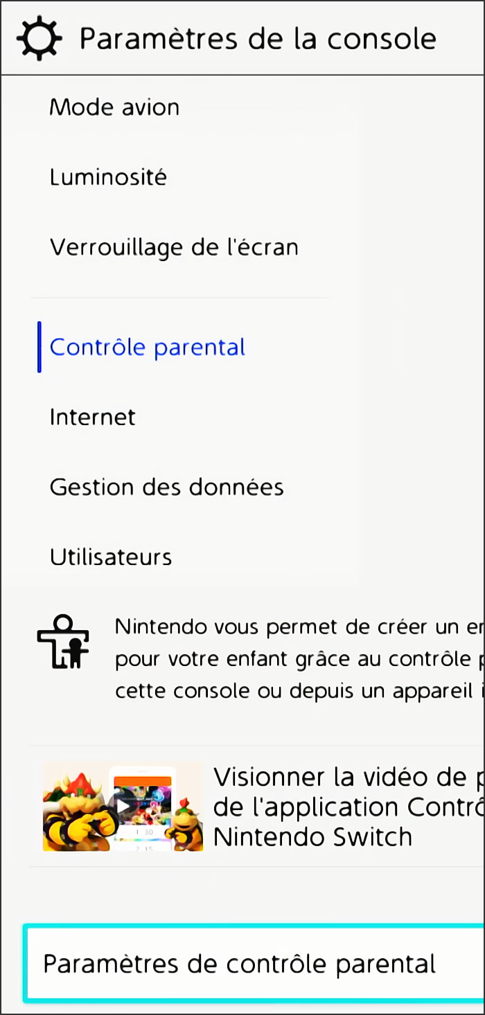 comment acceder au controle parental de la nintendo switch