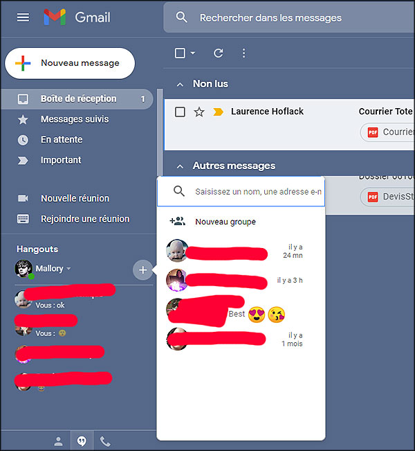 rubrique "hangouts" dans gmail
