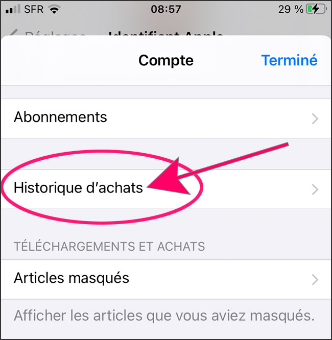 Consulter votre historique d'achat sur iPhone (Réglages, nom, contenu multimédia, compte)