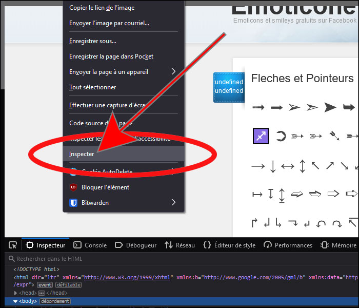 fonction inspecter sous firefox
