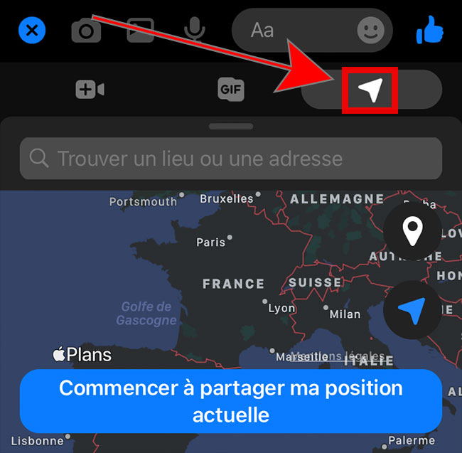 l'icône "flèche" pour le partage de position dans messenger