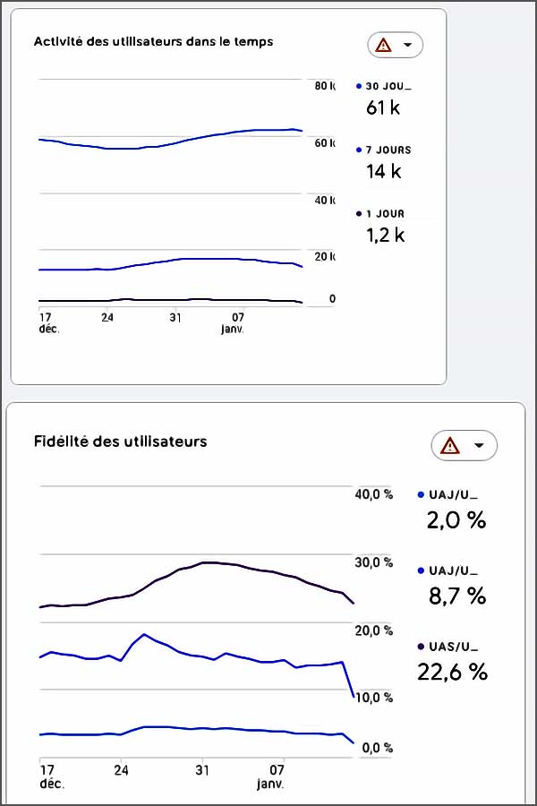 Graphiques d'activité et fidélité utilisateurs.
