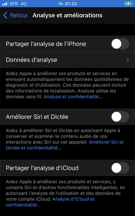 empêcher l'iPhone d'envoyer des données de diagnostic