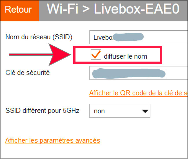 cacher le nom de ssid sur box orange