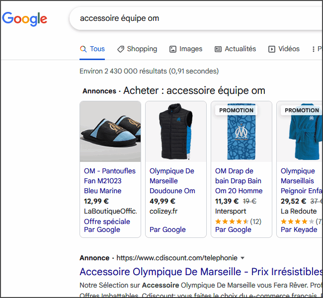 Résultats Google avec annonces Adwords