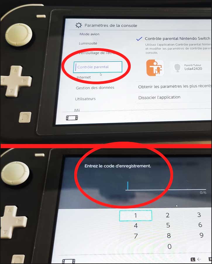 Console de jeu avec menu contrôle parental.