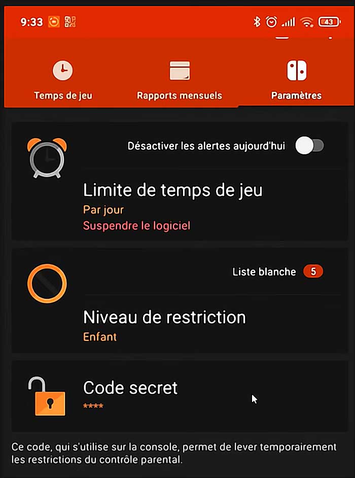 Interface de contrôle parental sur écran digital.