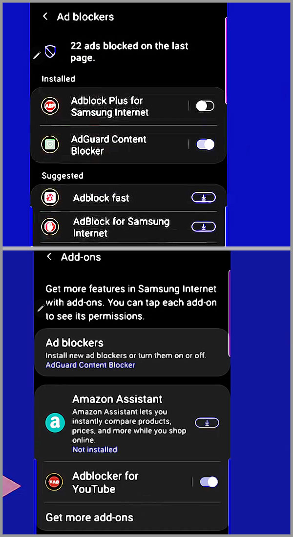 Adblockers pour Samsung Internet (dont un Adblocker pour Youtube)