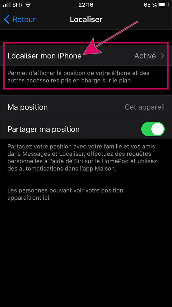 parametre localiser mon iphone