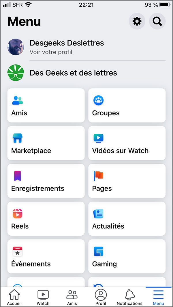 menu profil facebook sur mobile