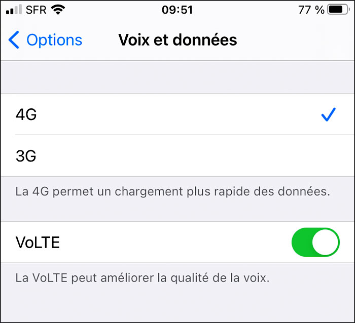 iphone Reglages Donnees cellulaires Options Voix et données