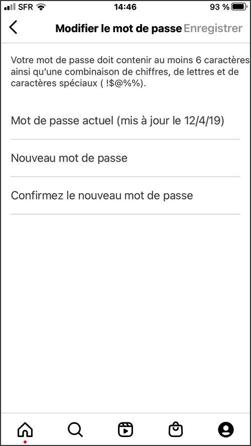 instagram modifier le mot de passe
