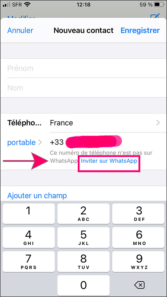 inviter un numero sur whatsapp