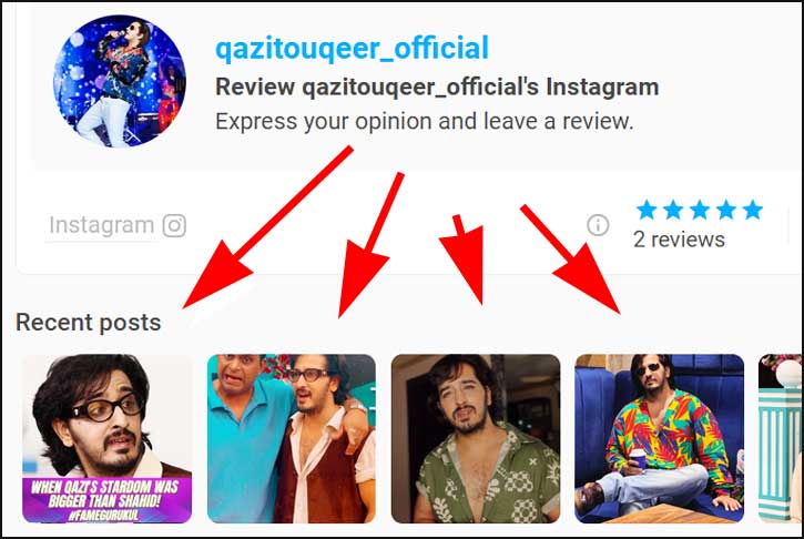 Profil Instagram et récents posts de l'utilisateur.