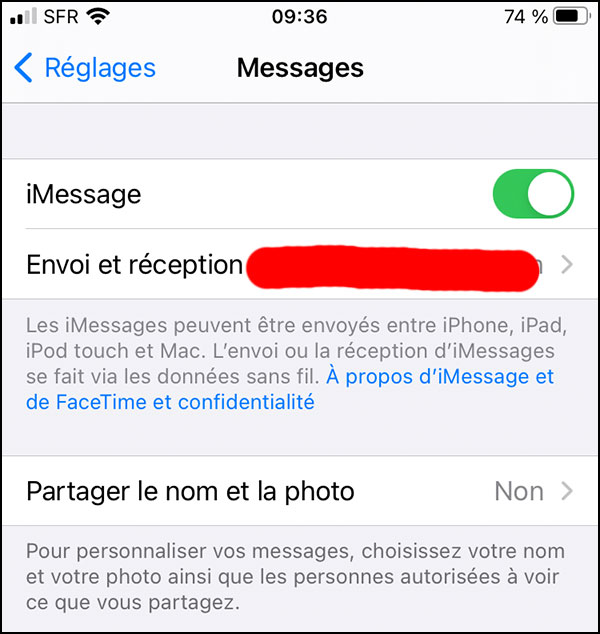 imessage envoi et reception
