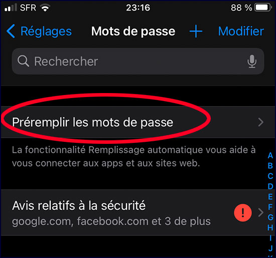 iphone preremplir les mots de passe