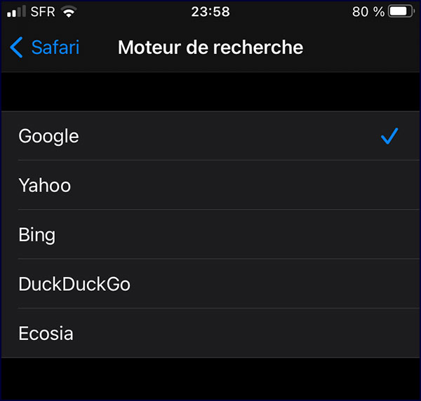 moteurs de recherche alternatifs dans safari