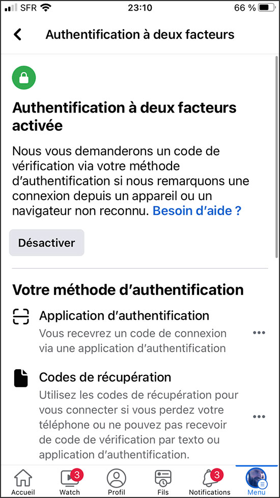 facebook authentification a deux facteurs activee