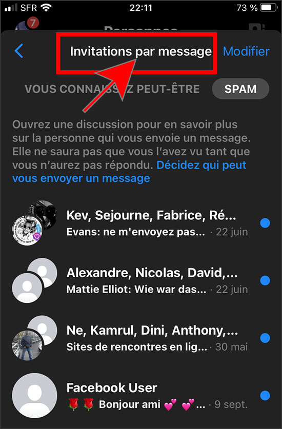 invitations par message menu messenger