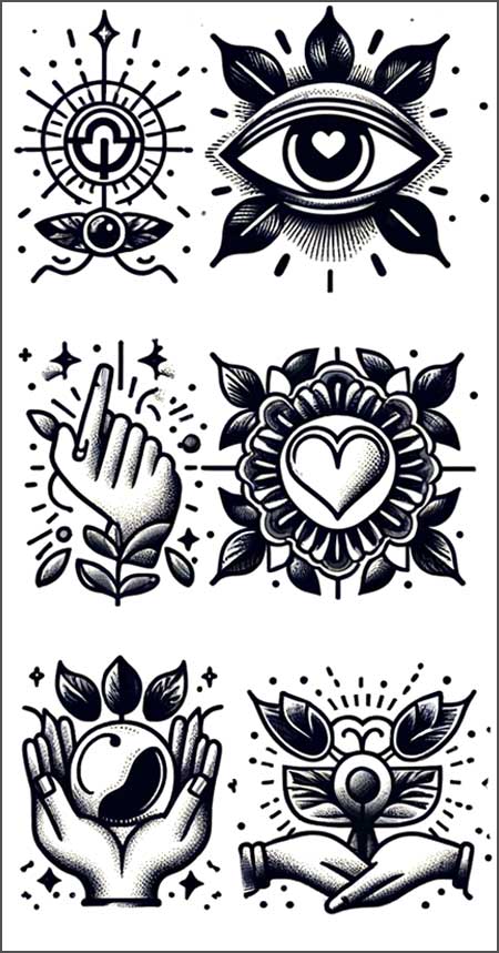 Six tatouages mystiques en noir et blanc.
