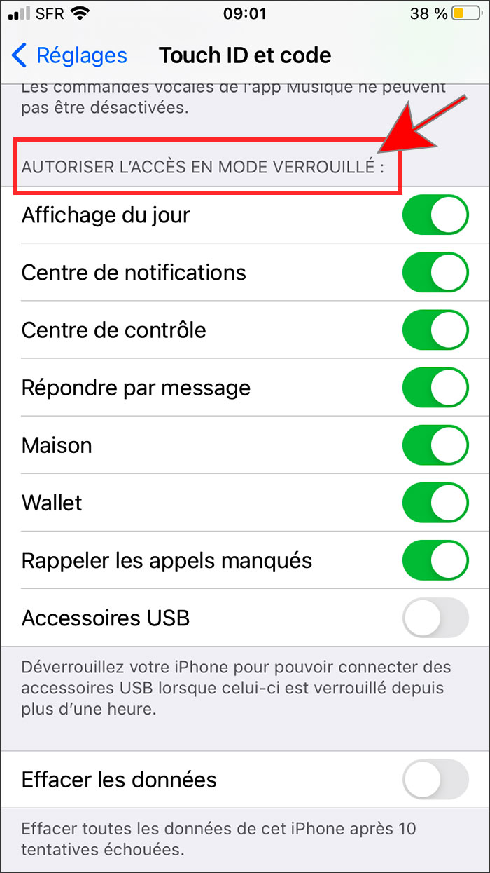 menu iphone touch id et code