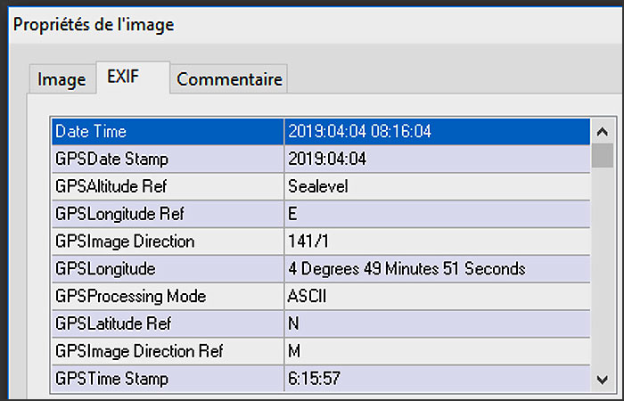 exif stockees avec une photo coordonnees gps