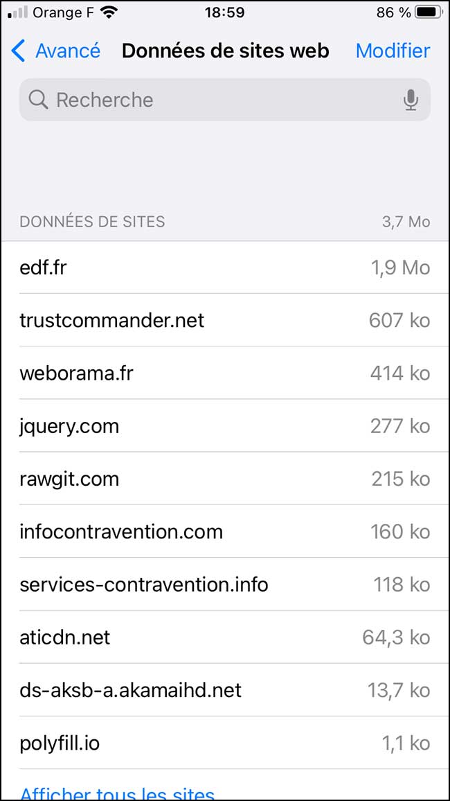 iphone safari donnees de sites web