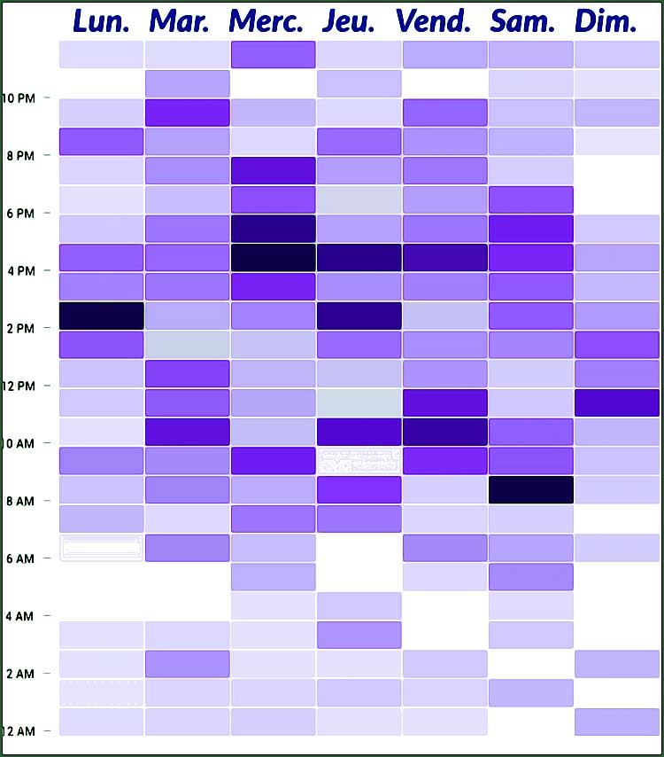 Graphique hebdomadaire d'activité en dégradé de violet. (portée sur Tiktok)