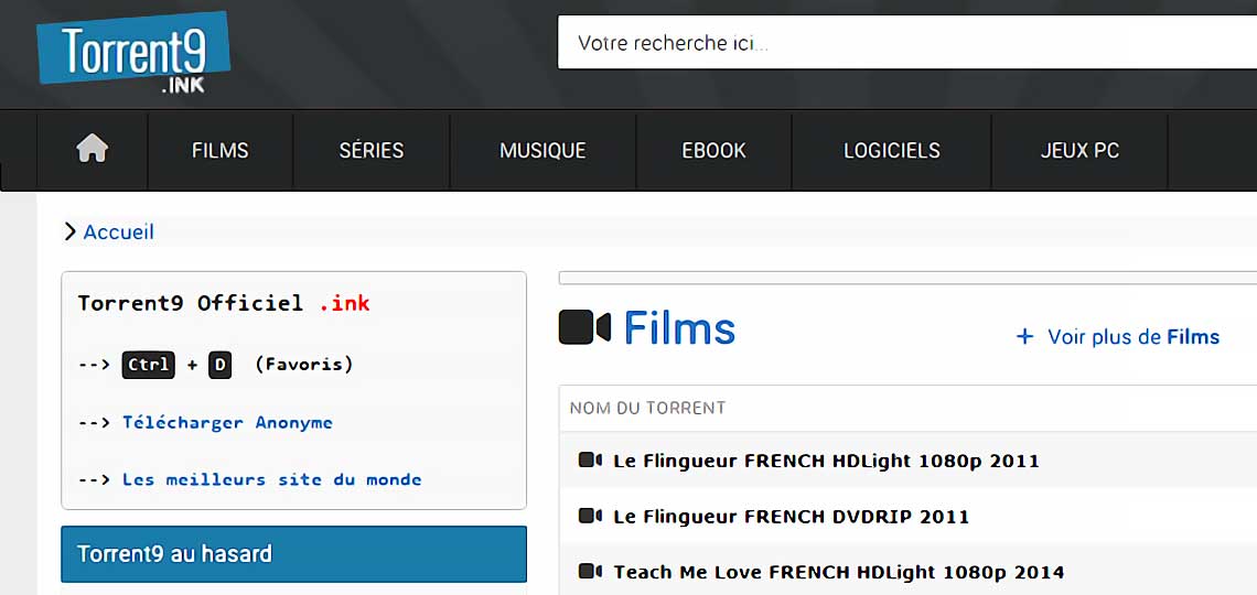 Interface de Torrent9 pour téléchargement films.