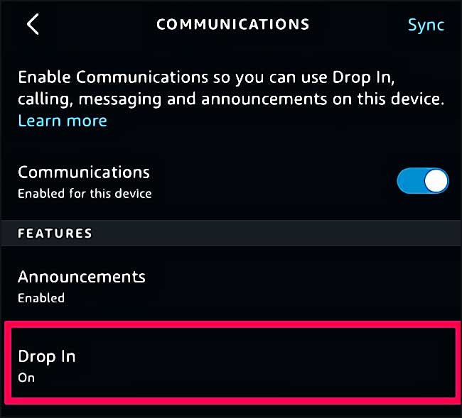 alexa menu communications drop in