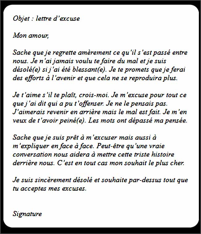 Lettre manuscrite d'excuses adressée à un être aimé.