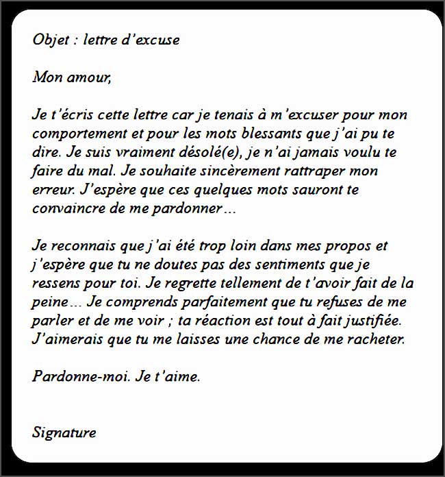 Lettre manuscrite d'excuses amoureuses.