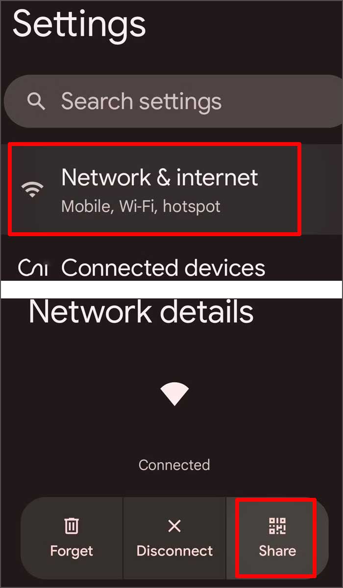 Capture écran paramètres réseau et partage Wi-Fi.