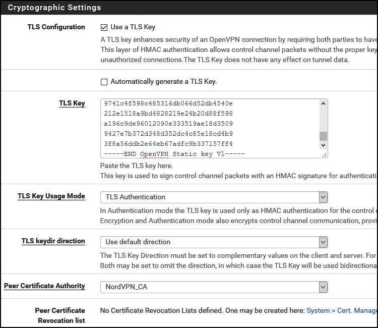 options cryptographiques pfsense