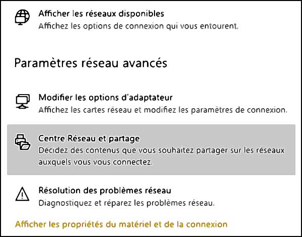centre reseau et partage windows 10