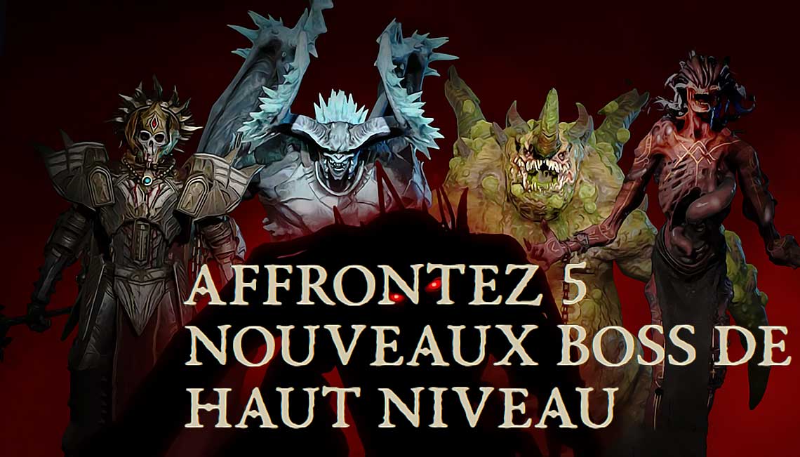 Cinq boss de jeu vidéo intimidants sur fond rouge.