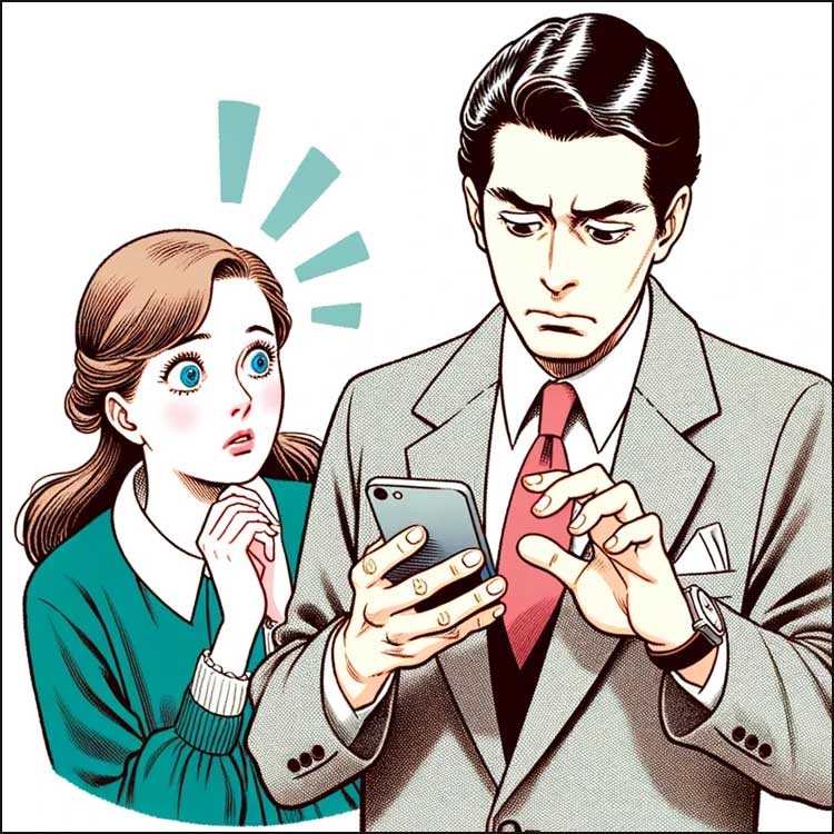 femme suspendue aux levres d un homme tenant un telephone