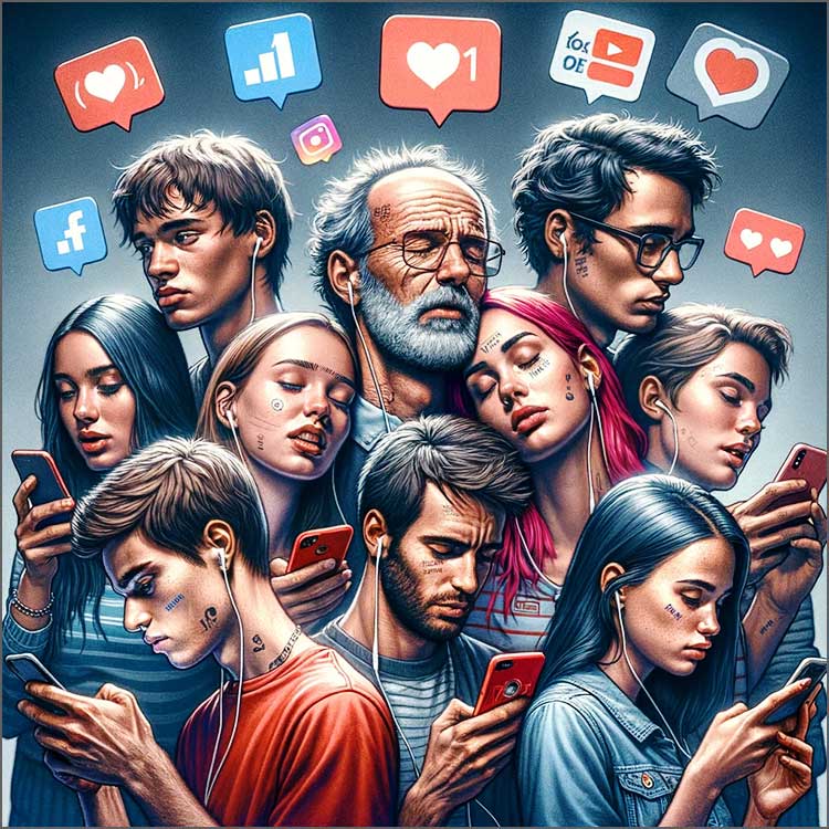 Génération Z illustrant les complexités des relations amoureuses. On voit un groupe de jeunes gens de différentes ethnies et orientations. Un couple polyamoureux se tient la main tout en textant sur leurs smartphones