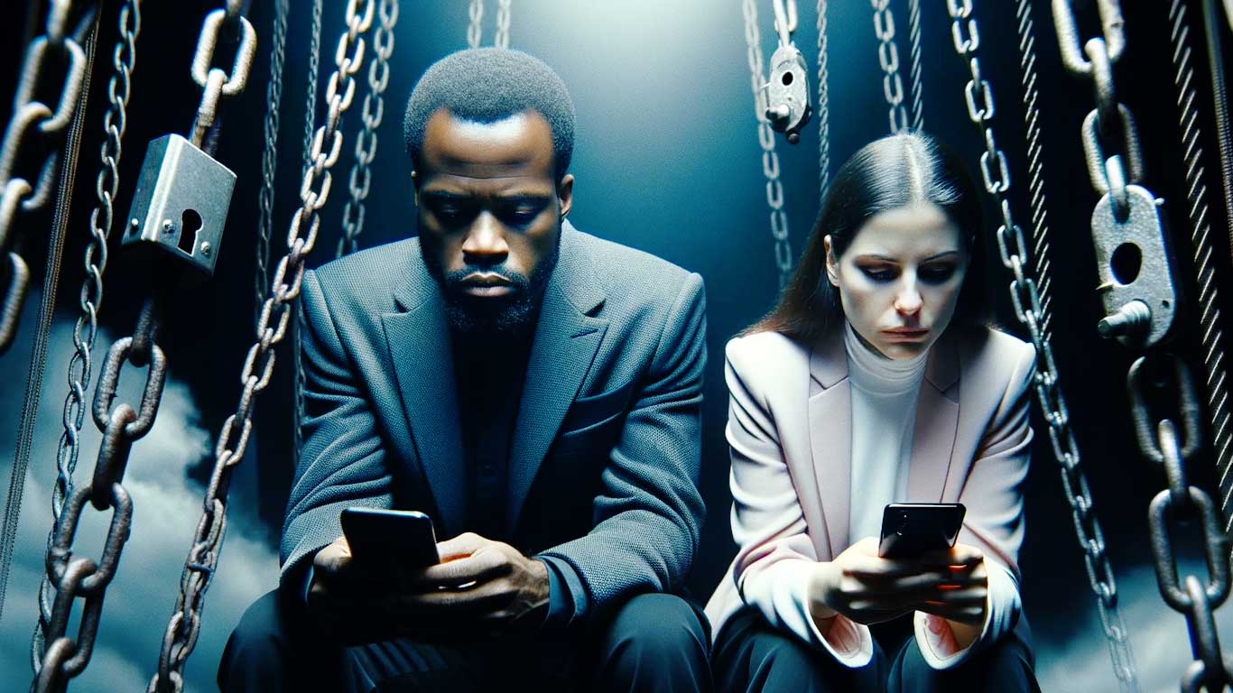 homme africain et femme hispanique assis dos a dos profondement engages dans leurs smartphones