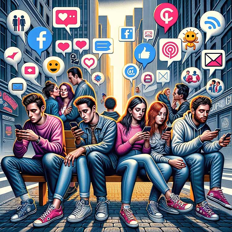 Photo réaliste montrant des jeunes de la Génération Z dans un environnement urbain. Certains sont engagés dans des conversations intimes, tandis que d'autres sont plongés dans leurs smartphones. Au premier plan, un couple polyamoureux se tient la main, textant d'autres partenaires. À côté, un couple du même sexe se partage un moment. L'arrière-plan est animé par des icônes de médias sociaux et des signes économiques. Des bulles de pensée avec des mots comme 'Commitment' et 'Communication' montrent les complexités de leurs relations.
